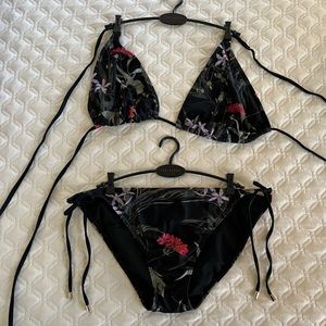 Ted Baker Black Floral String Bikini XL Top/M Bottom. Black, Red, Purple, Green.